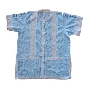 Vtg guayabera top women XLarge Blue Lace pintuck short sleeve Button up Pockets